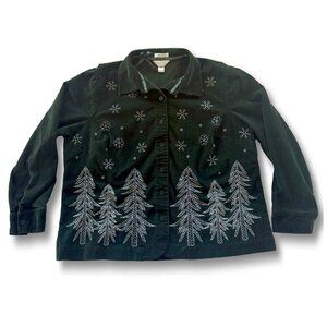 CJ Banks Women’s 1X Green Corduroy Shirt Jacket Winter Embroidered Y2K